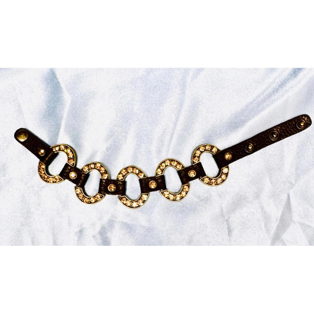 BAB Vintage Brown Leather Adjustable Oval Brass Metal with Gold Color Gemstones